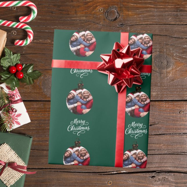 Green bauble photo fun script Christmas Wrapping Paper (Creator Uploaded)