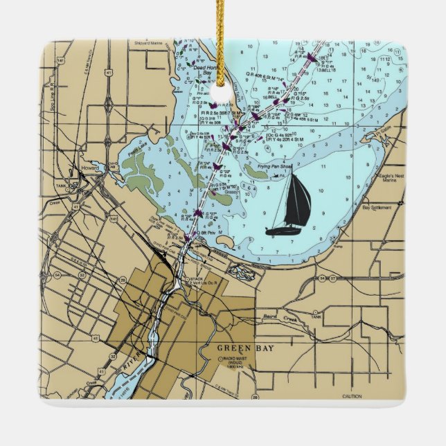 Green Bay WI Nautical Chart Ceramic Ornament (Back)