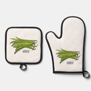 Green beans cartoon illustration oven mitt & pot holder set