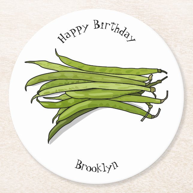 Green beans cartoon illustration round paper coaster (Front)