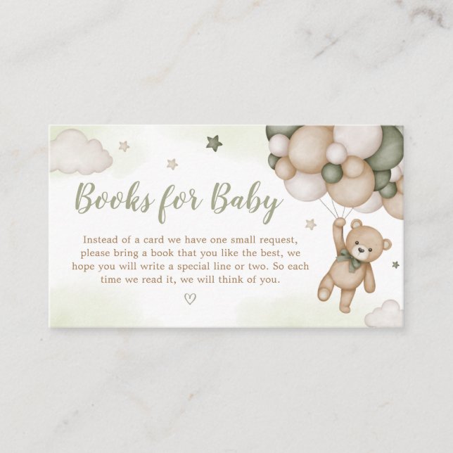 Green Bear Balloon Baby Shower Books for Baby Enclosure Card (Front)