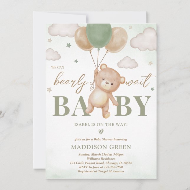 Green Bear Balloon Baby Shower Invitation (Front)