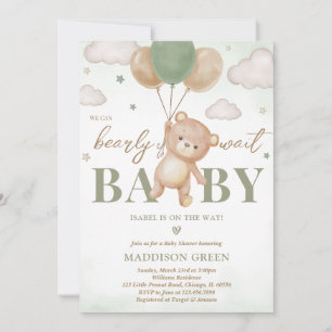 Green Bear Balloon Baby Shower Invitation