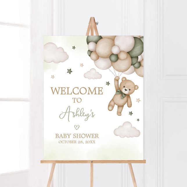 Green Bear Balloon Baby Shower Welcome Poster (Boho Bear Baby Shower Welcome Sign)