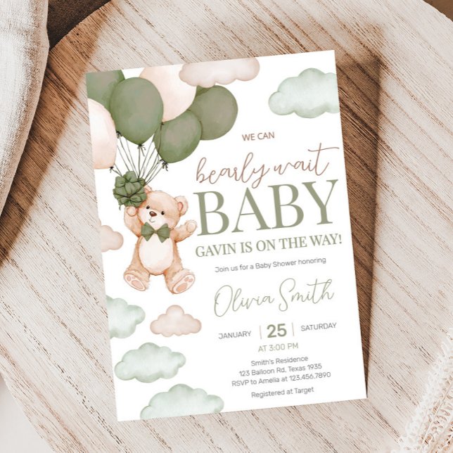 Green Bear Balloon Bearly Wait Baby Shower Invitation (Green Bearly Wait Baby Bear Balloon Baby Shower Invitation
)