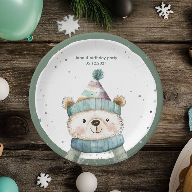 Green Bear Birthday | Winter Wonderland Party  Paper Plate (Creator Uploaded)