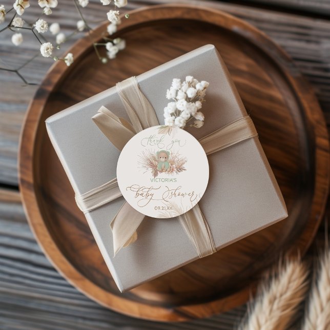 Green Bear Floral Baby Shower Thank You Classic Round Sticker (Creator Uploaded)