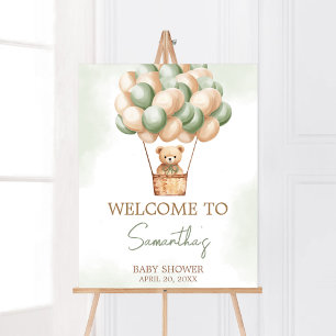 Green Bear Hot Air Balloon Baby Shower Welcome Poster