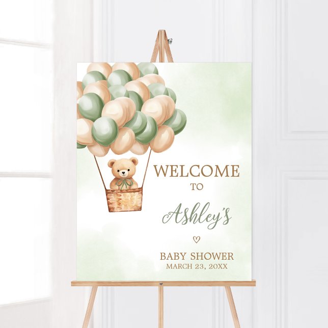 Green Bear Hot Air Balloon Baby Shower Welcome Poster (Boho Green Bear Baby Shower Welcome Sign)
