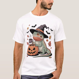 Green Bearded Dragon Halloween Witch Art T-Shirt