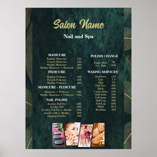 Green Beauty Nail Salon Price List menu Poster (Front)