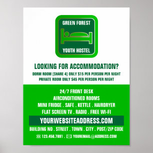 Green Bed Logo, Hostel Accommodation Advertising Poster