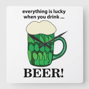 Green Beer Lucky St Patricks Day Green Beer Square Wall Clock
