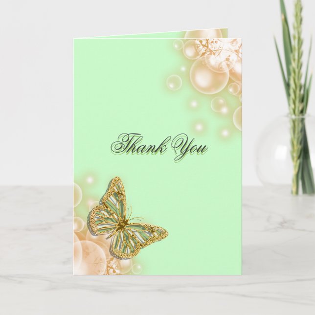 Green beige butterfly wedding thank you card (Front)