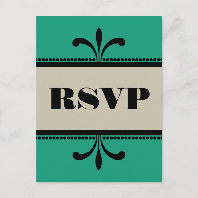 Green/Beige Fancy Art Deco RSVP Postcard (Front)