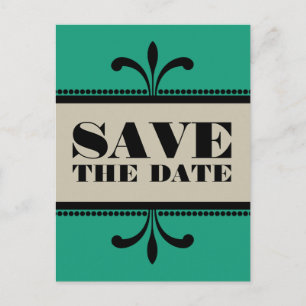 Green/Beige Fancy Art Deco Save the Date Postcard