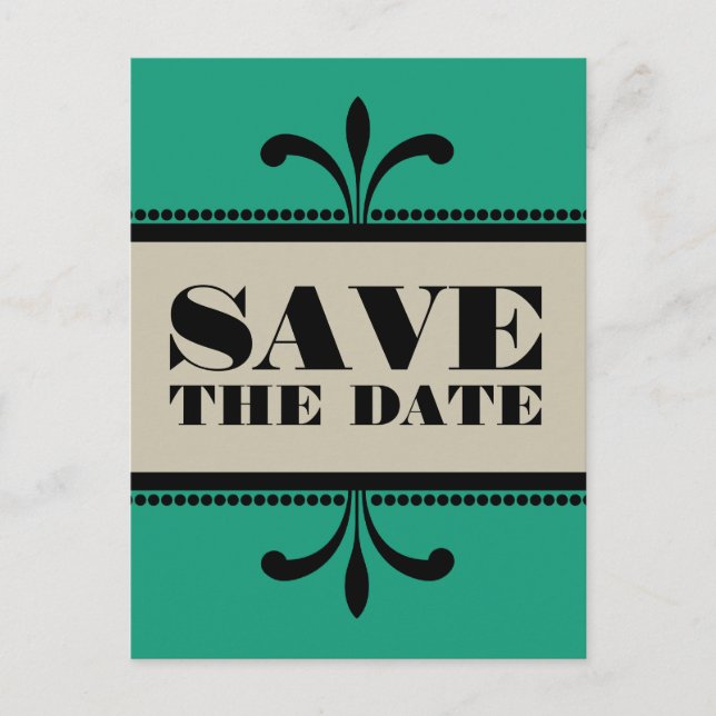 Green/Beige Fancy Art Deco Save the Date Postcard (Front)