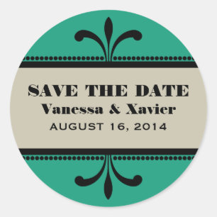 Green/Beige Fancy Art Deco Save the Date Stickers