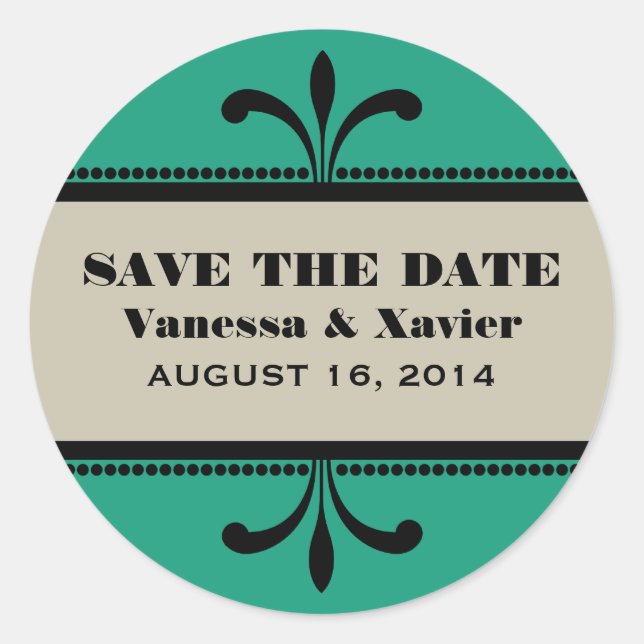 Green/Beige Fancy Art Deco Save the Date Stickers (Front)
