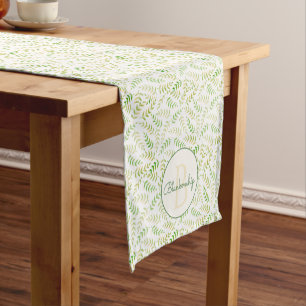 Green Beige Fern Leaf Pattern Custom Monogram Name Short Table Runner