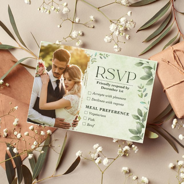 Green Beige Floral Photo Wedding RSVP Card (Green Beige Floral Photo Wedding RSVP Card)