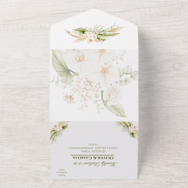Green Beige Floral Wedding Invite RSVP  ALL IN ONE (Outside)