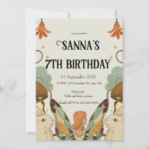 Green beige Orange Cute Fairy tail bunny Birthday  Invitation