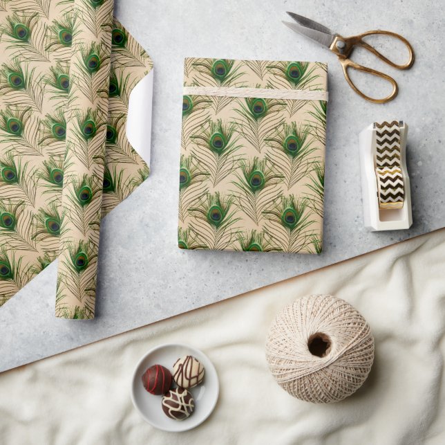 Green Beige Peacock Feathers Wrapping Paper (Crafts)