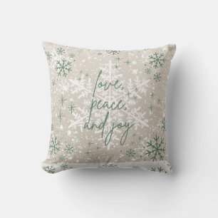 Green Beige Snowflakes Love Peace Joy Holiday Cushion