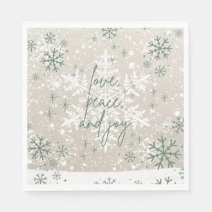 Green Beige Snowflakes Love Peace Joy Holiday Napkin