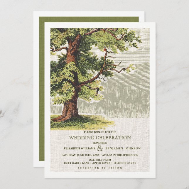 Green Beige Vintage Oak Tree Burlap Wedding Invitation (Front/Back)