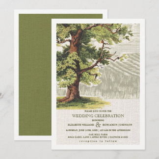 Green Beige Vintage Oak Tree Burlap Wedding Invitation