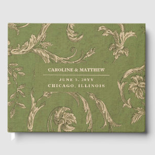 Green Beige Vintage Pattern Burlap Texture Wedding Guest Book