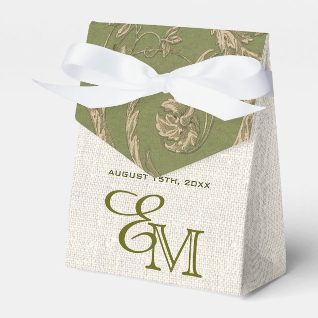  Green Beige Vintage Pattern Burlap Wedding  Favour Box (Front Side)