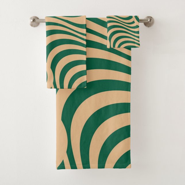 Green Beige Zebra Wavy Stripe Bold Spring Summer  Bath Towel Set (Insitu)