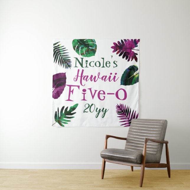 Green, Berry Pink Leaves Hawaii 5-0 50th Birthday Tapestry (In Situ)