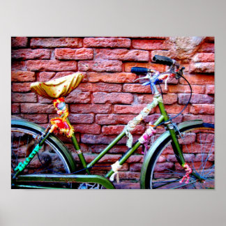 Green Bicycle Leaning Against a Brick Wall Poster