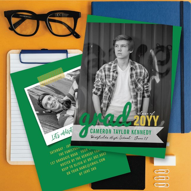 Green Big Grad Scribbles Photo Modern Grad Party Invitation (Creator Uploaded)