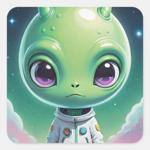Green big head alien with horns square sticker