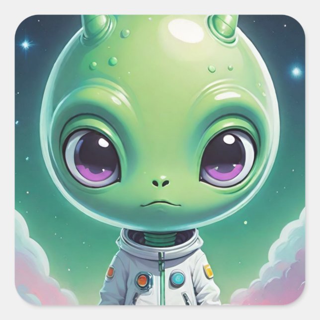 Green big head alien with horns square sticker (Front)