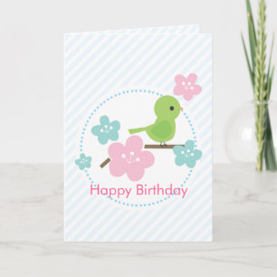 Green Bird and Cherry Flowers Custom Message Card
