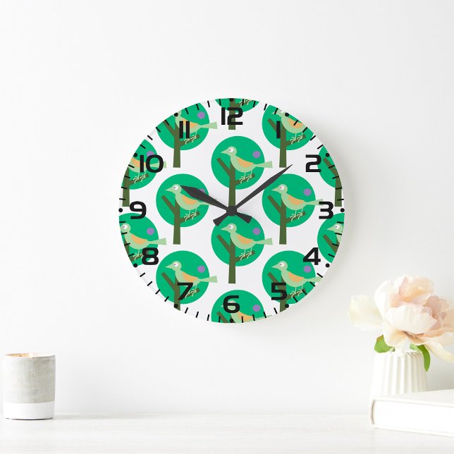 Green Bird and Tree Pattern Nature Inspired  Large Clock (Creator Uploaded)