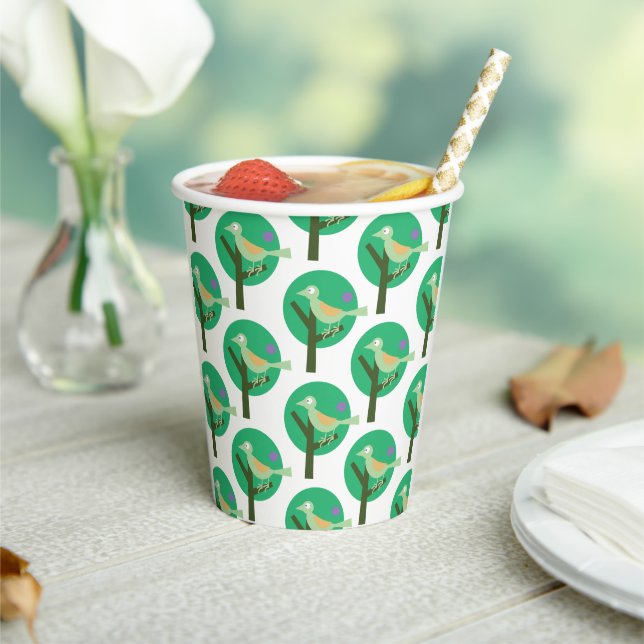 Green Bird and Tree Pattern Nature Inspired  Paper Cups (Insitu)