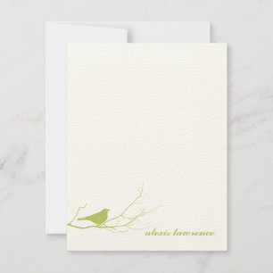 Green bird on branch ecru thank you note card