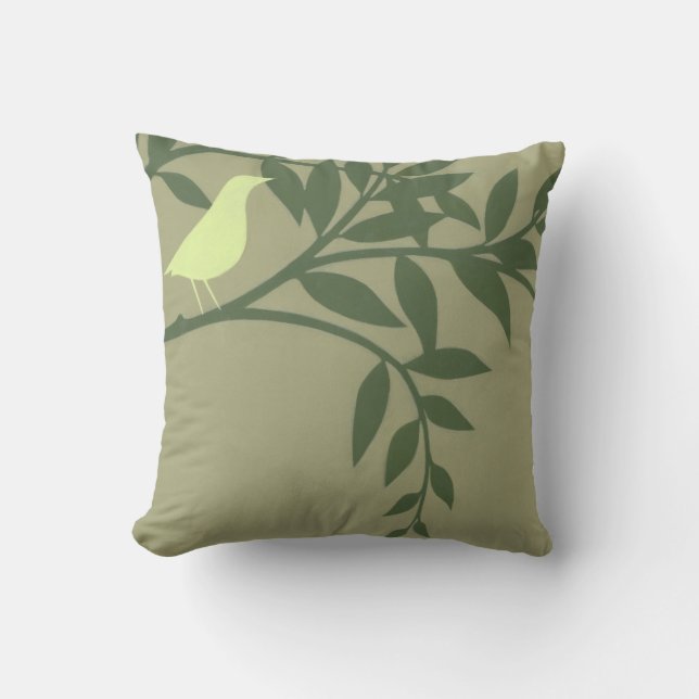 Green Bird Perched on Green Branch Cushion (Front)