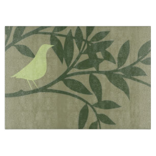 Green Bird Perched on Green Branch Cutting Board