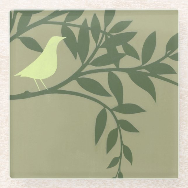 Green Bird Perched on Green Branch Glass Coaster (Front)