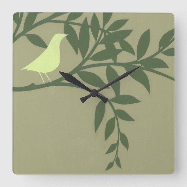 Green Bird Perched on Green Branch Square Wall Clock (Front)