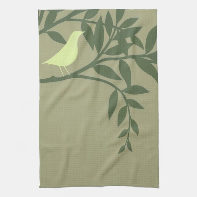 Green Bird Perched on Green Branch Tea Towel (Vertical)