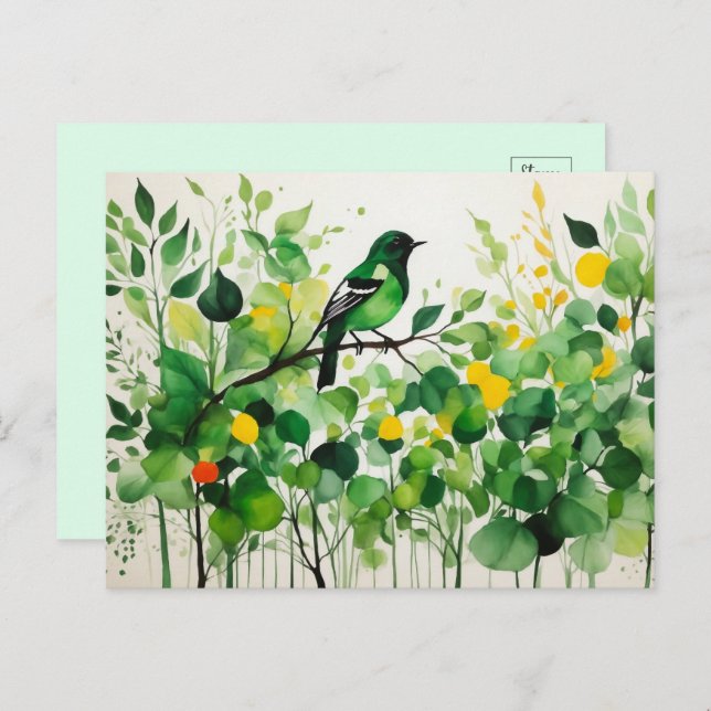 Green Bird Standing On A Branch Postcard (Front/Back)
